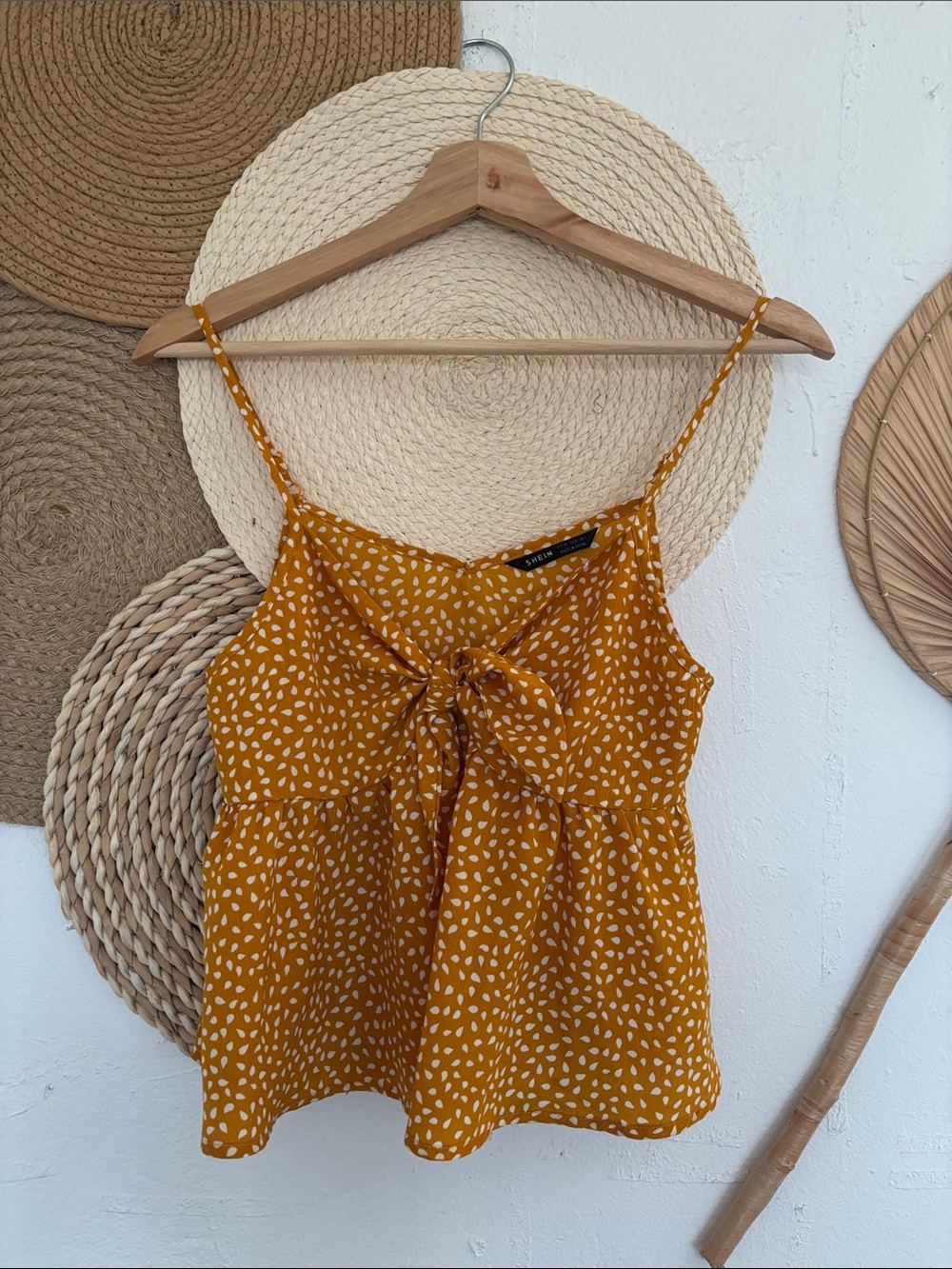 SHEIN Mustard Spotted Tie-Front Spaghetti Strap Camisole